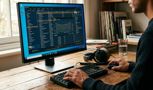 Persona utilizando un ordenador de sobremesa con la interfaz del reproductor musical MusicBee abierta en pantalla mostrando la biblioteca y el ecualizador.