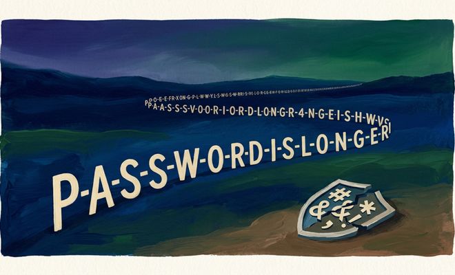 Ilustración de una frase de contraseña muy larga extendiéndose por un paisaje nocturno frente a un escudo roto con símbolos especiales.