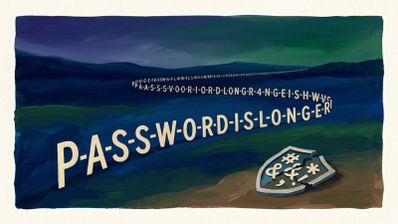 Ilustración de una frase de contraseña muy larga extendiéndose por un paisaje nocturno frente a un escudo roto con símbolos especiales.