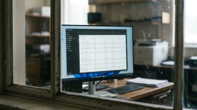Monitor de ordenador en un escritorio mostrando una interfaz de Windows con una aplicación de gestión de datos organizada en tablas.
