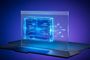 Representación conceptual de una interfaz de software proyectada en un panel de cristal con luces azules y circuitos digitales sobre un fondo degradado.