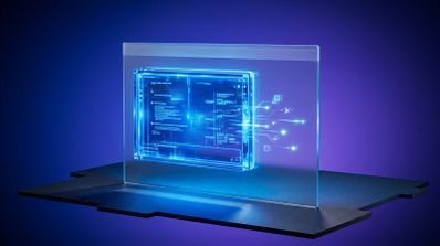 Representación conceptual de una interfaz de software proyectada en un panel de cristal con luces azules y circuitos digitales sobre un fondo degradado.