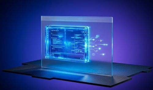 Representación conceptual de una interfaz de software proyectada en un panel de cristal con luces azules y circuitos digitales sobre un fondo degradado.