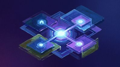 Ilustración abstracta de estilo pictórico que muestra cuatro paneles cuadrados interconectados por líneas de luz hacia un núcleo central brillante.