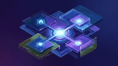 Ilustración abstracta de estilo pictórico que muestra cuatro paneles cuadrados interconectados por líneas de luz hacia un núcleo central brillante.