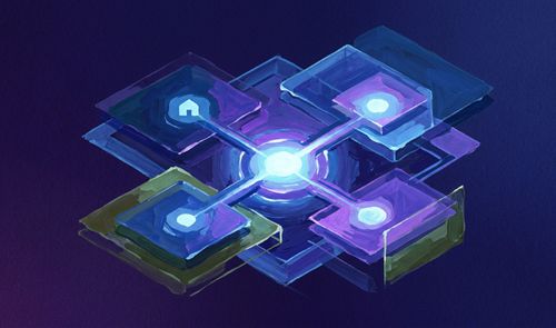 Ilustración abstracta de estilo pictórico que muestra cuatro paneles cuadrados interconectados por líneas de luz hacia un núcleo central brillante.
