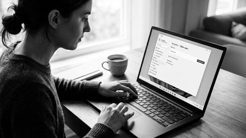 Persona utilizando un ordenador portátil que muestra el menú de configuración de cuentas de usuario en Windows 11.