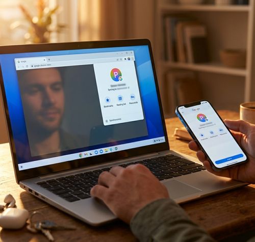 Persona utilizando un ordenador portátil y un teléfono móvil para sincronizar una cuenta de Google en el navegador Chrome.