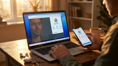 Persona utilizando un ordenador portátil y un teléfono móvil para sincronizar una cuenta de Google en el navegador Chrome.