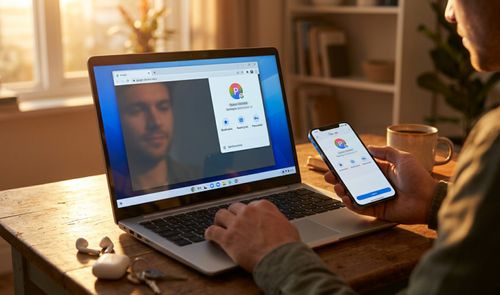 Persona utilizando un ordenador portátil y un teléfono móvil para sincronizar una cuenta de Google en el navegador Chrome.