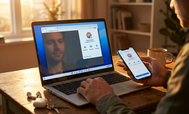 Persona utilizando un ordenador portátil y un teléfono móvil para sincronizar una cuenta de Google en el navegador Chrome.