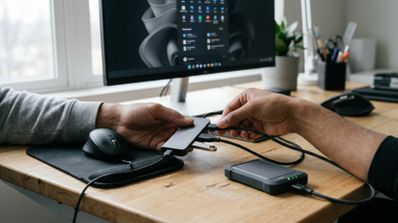 Manos conectando cables y una memoria flash a un concentrador USB sobre un escritorio de madera frente a un monitor con Windows 11.