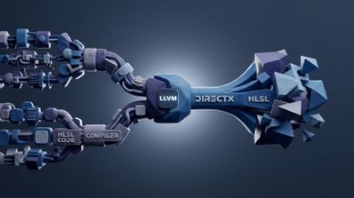 Representación conceptual de la integración de LLVM con DirectX a través de conductos y nodos tridimensionales.