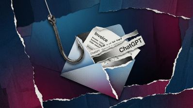 Ilustración de un sobre abierto con una factura de ChatGPT en su interior siendo atrapado por un anzuelo de pesca, representando una estafa de phishing.