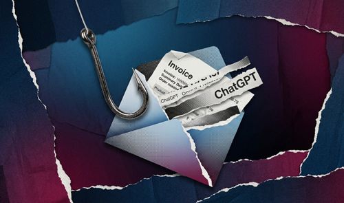 Ilustración de un sobre abierto con una factura de ChatGPT en su interior siendo atrapado por un anzuelo de pesca, representando una estafa de phishing.