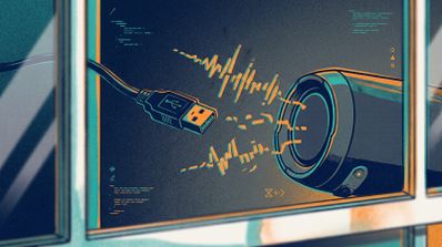 Ilustración de un cable USB desconectado de un altavoz con ondas de sonido fragmentadas sobre un fondo con código de programación.