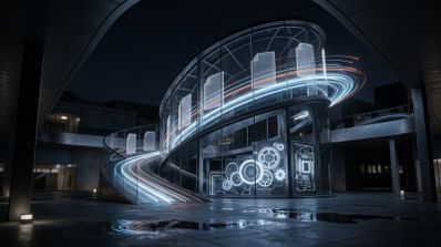 Representación conceptual de iconos de documentos circulando a alta velocidad por una estructura espiral iluminada con engranajes digitales en la base.