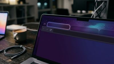 Primer plano de la pantalla de un ordenador portátil que muestra un navegador web con una interfaz de tonos oscuros y morados inspirado en un diseño espacial.