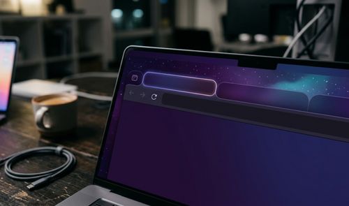Primer plano de la pantalla de un ordenador portátil que muestra un navegador web con una interfaz de tonos oscuros y morados inspirado en un diseño espacial.