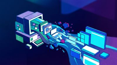 Ilustración conceptual de un flujo de datos y ventanas de interfaz saliendo de un ordenador clásico hacia pantallas modernas.
