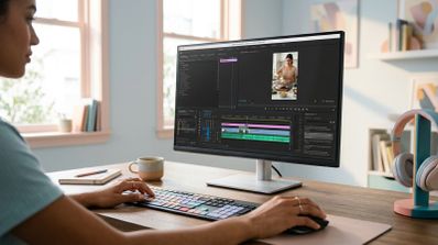 Persona editando un vídeo en Adobe Premiere Pro con una línea de tiempo y herramientas de transcripción visibles en el monitor.