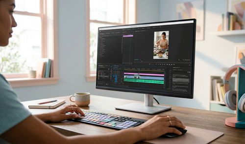 Persona editando un vídeo en Adobe Premiere Pro con una línea de tiempo y herramientas de transcripción visibles en el monitor.