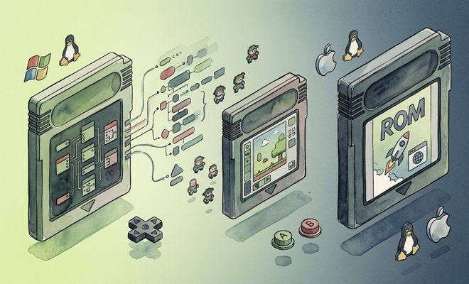 Ilustración conceptual de cartuchos de Game Boy con diagramas de flujo, personajes en pixel art y logotipos de sistemas operativos.