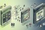 Ilustración conceptual de cartuchos de Game Boy con diagramas de flujo, personajes en pixel art y logotipos de sistemas operativos.