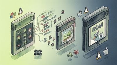 Ilustración conceptual de cartuchos de Game Boy con diagramas de flujo, personajes en pixel art y logotipos de sistemas operativos.