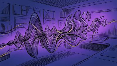 Ilustración conceptual de ondas sonoras en tonos violetas que forman el perfil de una cara humana emitiendo sonidos hacia una oreja en un entorno de estudio.