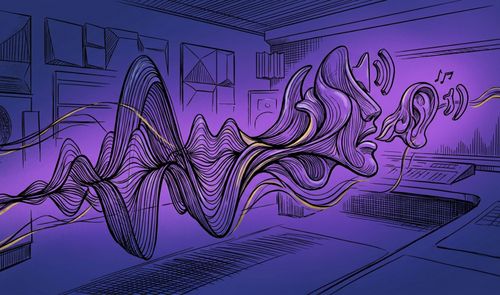 Ilustración conceptual de ondas sonoras en tonos violetas que forman el perfil de una cara humana emitiendo sonidos hacia una oreja en un entorno de estudio.