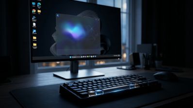 Escritorio con monitor mostrando la interfaz de Gemini en Windows y teclado mecánico con la tecla Alt y la barra espaciadora iluminadas.