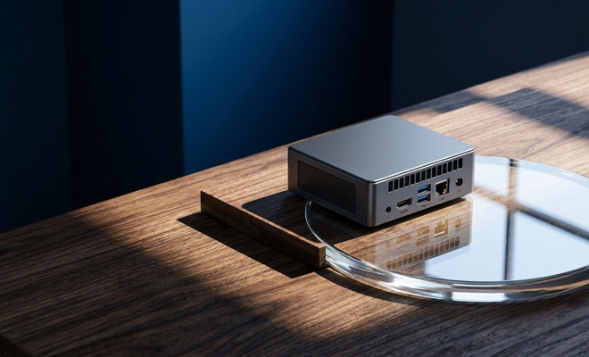 Mini PC GMKtec G10 de color gris sobre una superficie de madera y cristal mostrando sus puertos traseros.