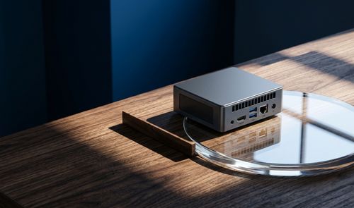 Mini PC GMKtec G10 de color gris sobre una superficie de madera y cristal mostrando sus puertos traseros.