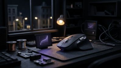 Ratón ergonómico en un escritorio oscuro junto a una pequeña pantalla que muestra una gráfica de curva de aceleración.
