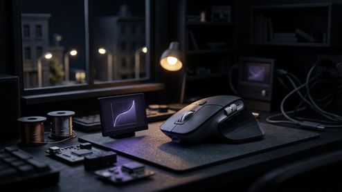 Ratón ergonómico en un escritorio oscuro junto a una pequeña pantalla que muestra una gráfica de curva de aceleración.