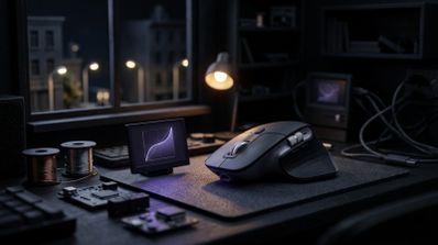 Ratón ergonómico en un escritorio oscuro junto a una pequeña pantalla que muestra una gráfica de curva de aceleración.
