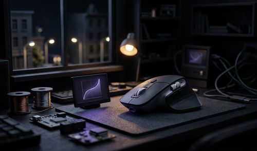 Ratón ergonómico en un escritorio oscuro junto a una pequeña pantalla que muestra una gráfica de curva de aceleración.