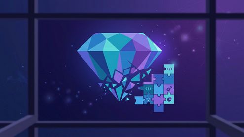 Ilustración conceptual de un diamante facetado en tonos azules que se fragmenta en piezas de rompecabezas con iconos de funciones de software.