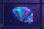 Ilustración conceptual de un diamante facetado en tonos azules que se fragmenta en piezas de rompecabezas con iconos de funciones de software.