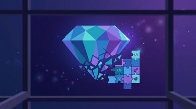 Ilustración conceptual de un diamante facetado en tonos azules que se fragmenta en piezas de rompecabezas con iconos de funciones de software.