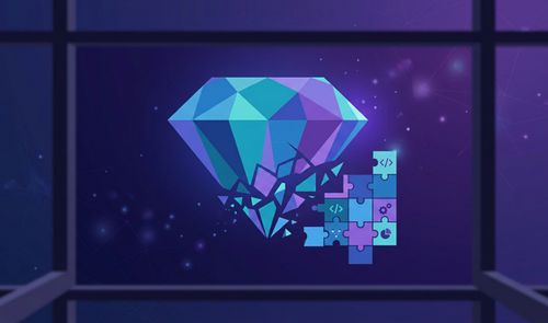 Ilustración conceptual de un diamante facetado en tonos azules que se fragmenta en piezas de rompecabezas con iconos de funciones de software.
