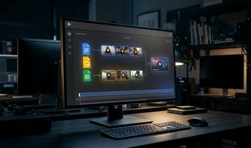 Monitor de ordenador mostrando la interfaz de Google Vids donde iconos de documentos, presentaciones y hojas de cálculo se transforman en clips de vídeo mediante un flujo de trabajo automatizado.
