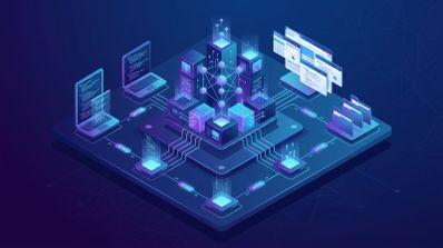Ilustración isométrica conceptual de un núcleo de inteligencia artificial conectado a terminales de código, carpetas de archivos e interfaces de navegación web.