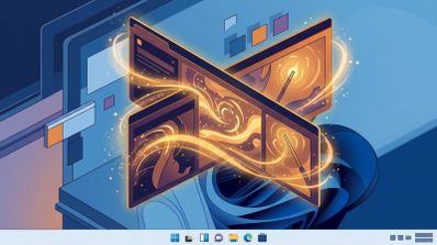 Ilustración conceptual de ventanas flotantes sobre un escritorio de Windows 11 envueltas en estelas mágicas y chispas doradas.