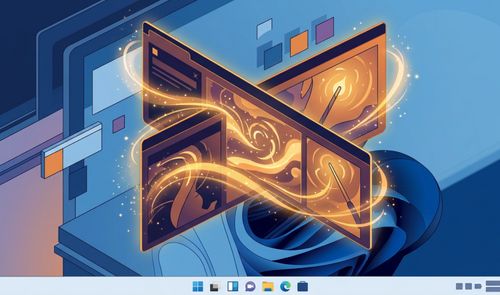 Ilustración conceptual de ventanas flotantes sobre un escritorio de Windows 11 envueltas en estelas mágicas y chispas doradas.