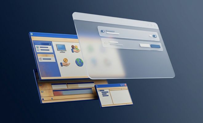 Composición abstracta en 3D que muestra ventanas de configuración modernas y translúcidas superpuestas a interfaces clásicas de sistemas operativos anteriores.