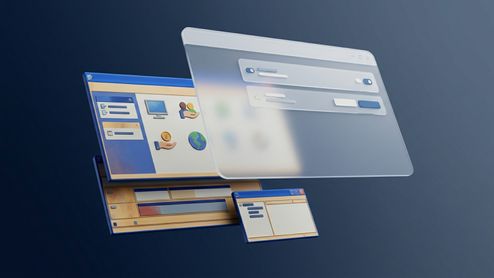 Composición abstracta en 3D que muestra ventanas de configuración modernas y translúcidas superpuestas a interfaces clásicas de sistemas operativos anteriores.