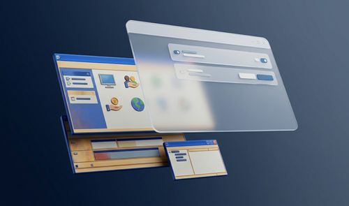 Composición abstracta en 3D que muestra ventanas de configuración modernas y translúcidas superpuestas a interfaces clásicas de sistemas operativos anteriores.