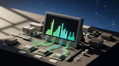 Representación conceptual de hw-monitor con una pequeña pantalla que muestra gráficas de barras conectadas mediante cables a chips etiquetados como GPU, AMDGPU y Xe sobre una placa de circuitos.